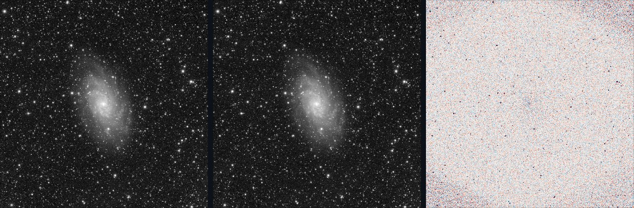 Two nearly identical star fields with M 33 in the middle, one from the even frames and one from the odd frames, and a third square of fine red and blue speckle showing their difference