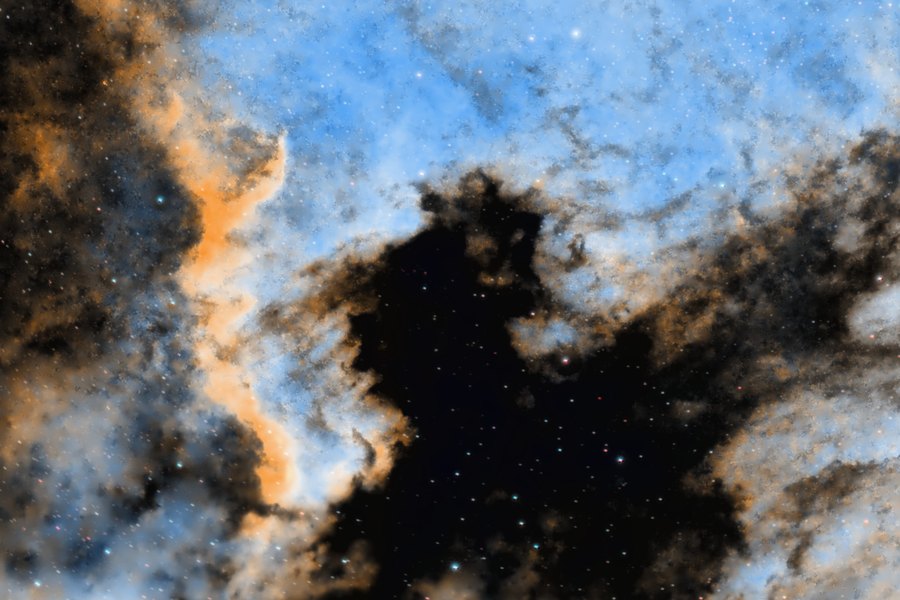 The data in a synthetic SHO palette: gold and blue Hubble-style colors