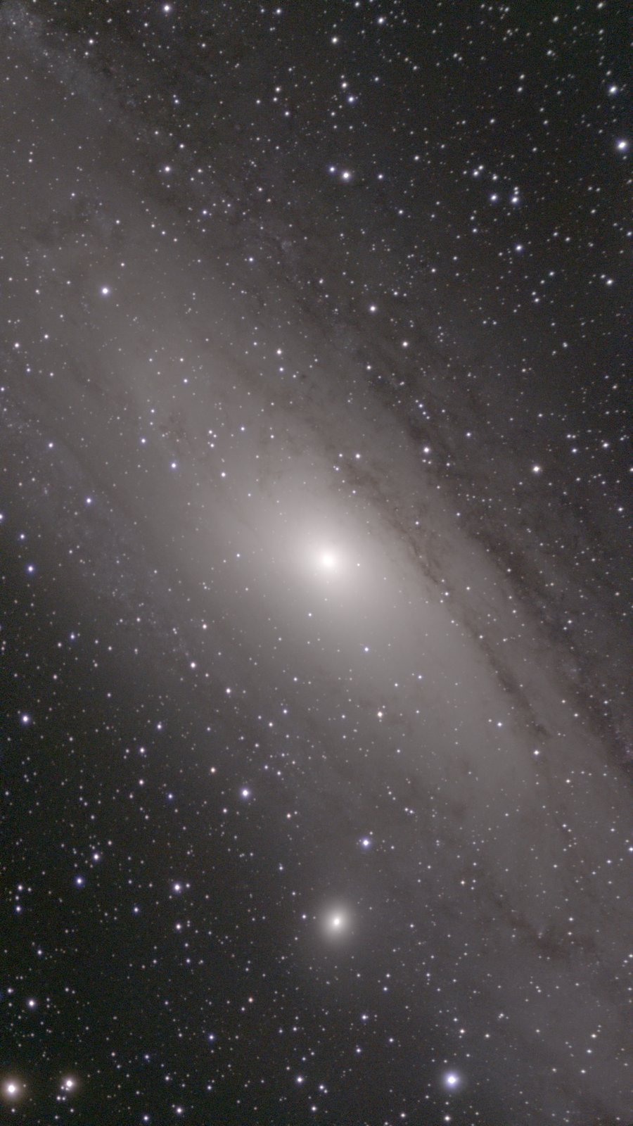 M 31, the Andromeda Galaxy, with its dust lanes and the companion galaxy M 32