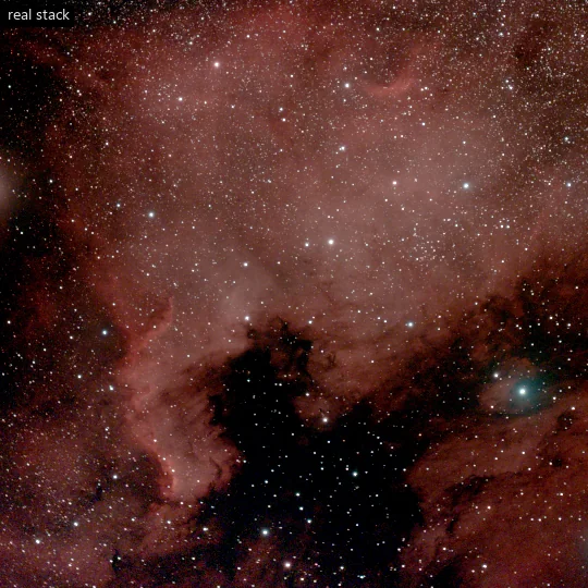 An animation flipping between part of the real NGC 7000 stack and the same part of the synthetic stack